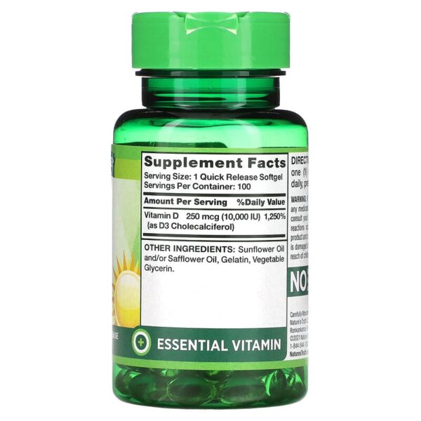 Nature's Bounty Vitamin D3 (250 mcg) 10000 IU -72 Softgels - Image 2
