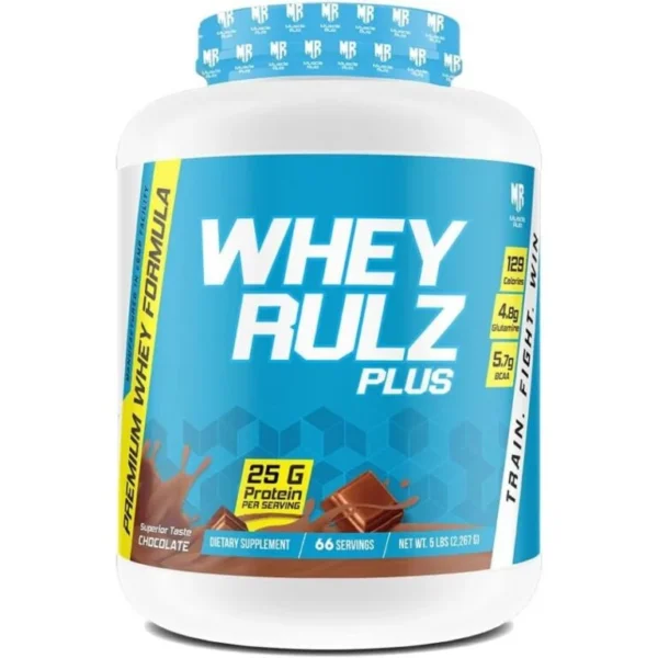 MuscleRulz Whey Rulz Plus, 25g Protein, 4.8g Glutamine, 5.9g BCAA, 132 Calories – 66 Servings (5lb) - Image 1