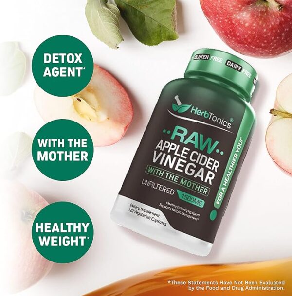 HerbTonics Raw Apple Cider Vinegar with The Mother Unfiltered 1500 mg 120 Vegetarian Capsules - Image 3