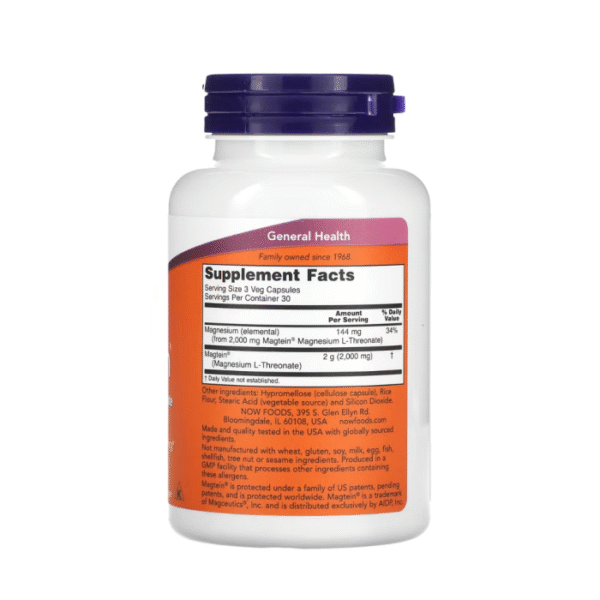 Now Foods Magtein Magnesium L-Threonate 2,000 mg 90 Veg Capsules - Image 2