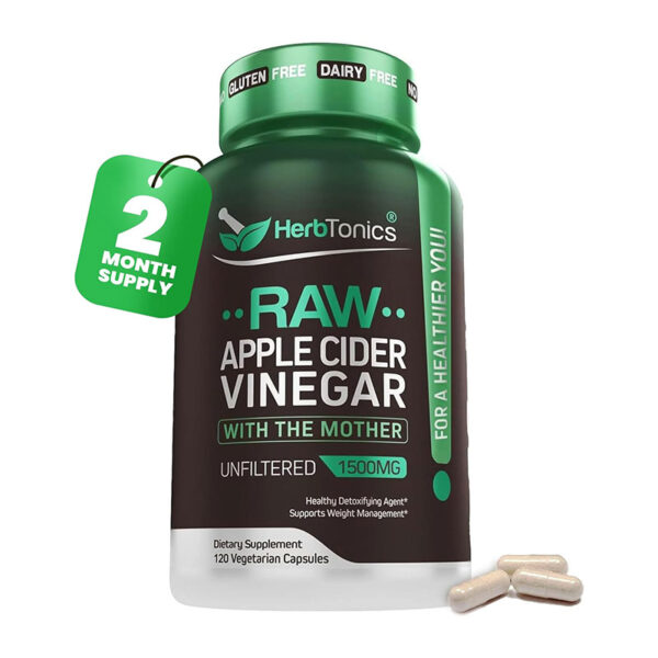HerbTonics Raw Apple Cider Vinegar with The Mother Unfiltered 1500 mg 120 Vegetarian Capsules - Image 1