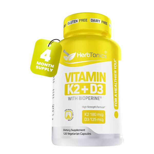 HerbTonics Vitamin K2 + D3 With Bioperine 120 Vegetarian Capsules - Image 1
