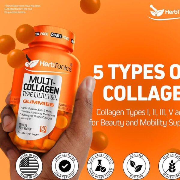 HerbTonics Multi Collagen Gummies Type 1,2,3,5 & 10 with Biotin for Hair Growth Skin Nails with Vitamin C Zinc for Men & Women 60 Gummies - Image 2