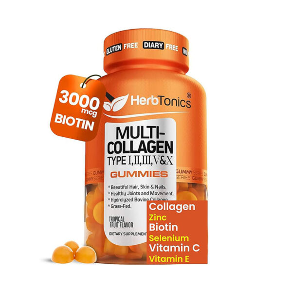 HerbTonics Multi Collagen Gummies Type 1,2,3,5 & 10 with Biotin for Hair Growth Skin Nails with Vitamin C Zinc for Men & Women 60 Gummies - Image 1