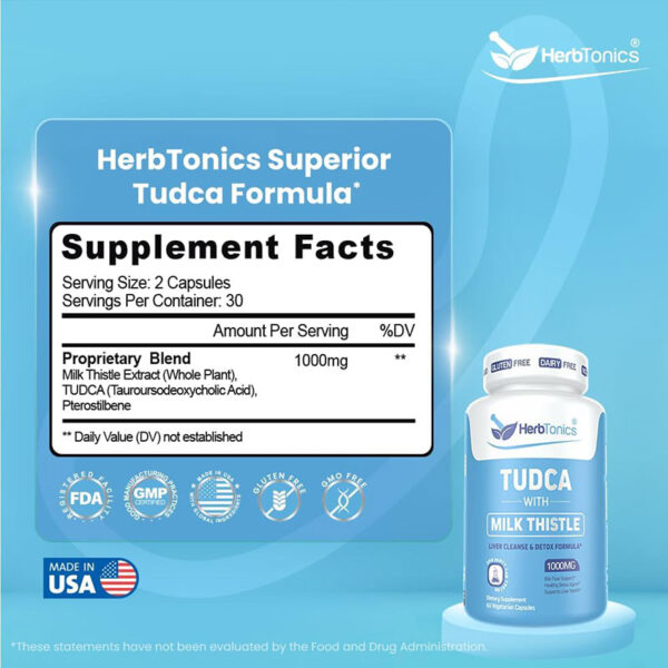 HerbTonics TUDCA with Milk Thistle Liver Cleanse & Detox formula 1000 mg 60 Vegan Capsules - Image 2