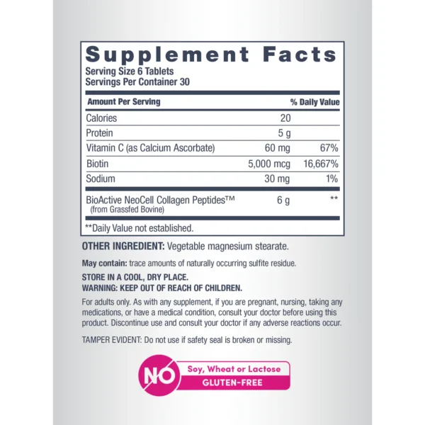Neocell Grassfed Collagen Peptides + C & Biotin 180 Caplets - Image 3