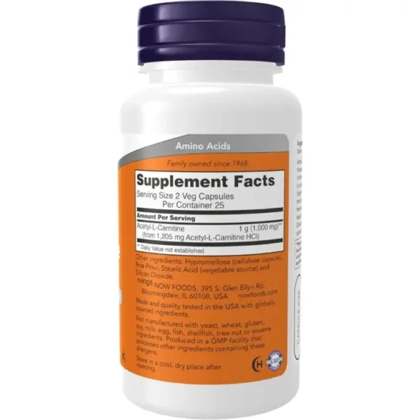 NOW Foods, Acetyl-L- Carnitine, 500 mg, 50 Veg Capsules - Image 2