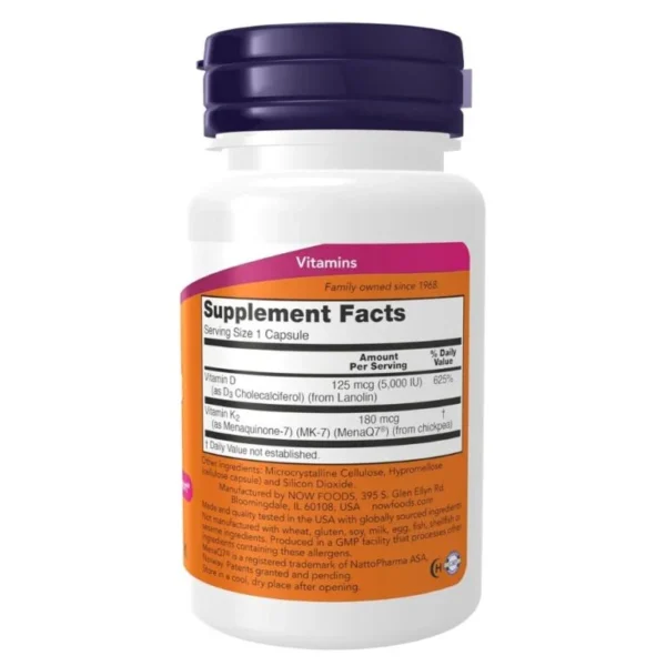 NOW Foods, Mega D-3 & MK-7, 5,000 IU / 180 mcg, 60 Capsules - Image 2