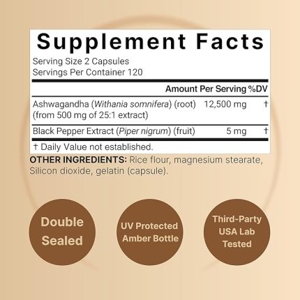 12-430x430 NatureBell Ashwagandha 12,500 mg with Black Pepper 240 Capsules - Image 2