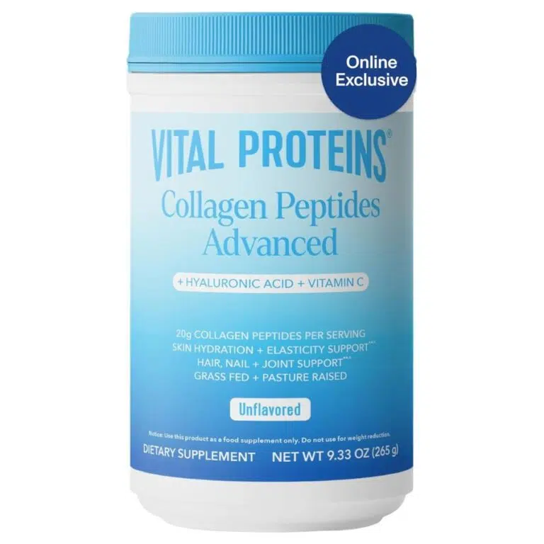 4-18-768x768.jpg Vital Proteins Grass Fed Collagen Peptides Advanced Powder Supplement, with Hyaluronic Acid + Vitamin C, Unflavored (265g) - Image 1