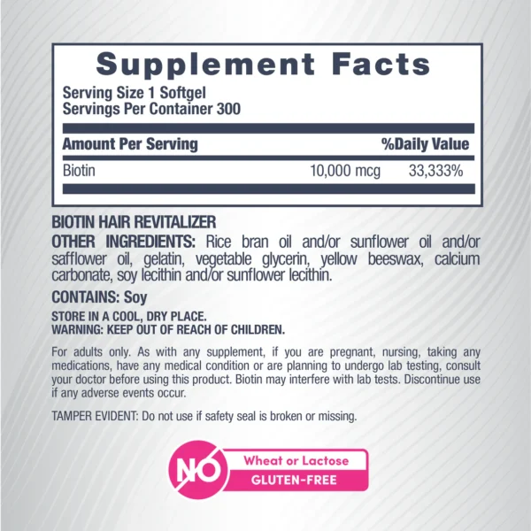 Biotin Hair Revitalizer, 10,000 mcg, 300 Softgels - Image 2