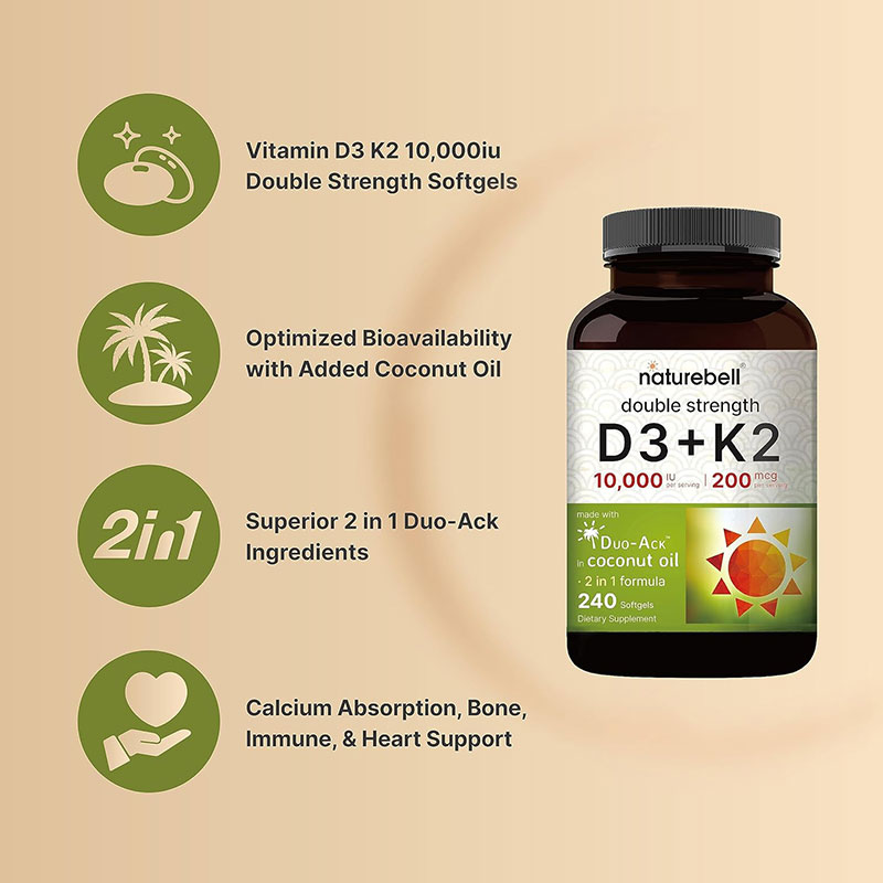 NatureBell-Vitamin-D3-K2-240-Softgels NatureBell Vitamin D3 K2 (10000 IU Vitamin D + 200mcg Vitamin K MK-7) 240 Softgels - Image 2
