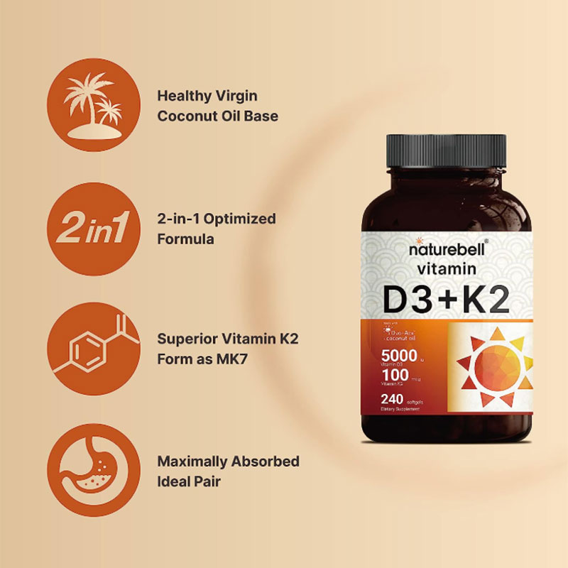Naturebell-Vitamin-D3-5000-IU-K2-100-mcg-–-240-softgels Naturebell Vitamin D3 + K2 with Coconut Oil 5000 mg 240 Softgels - Image 2
