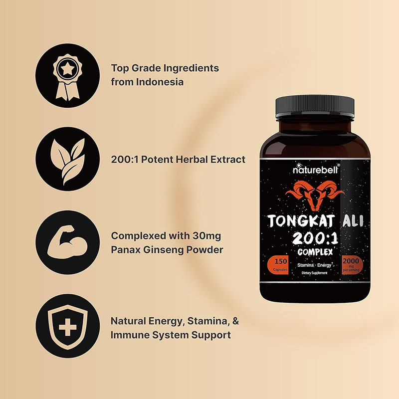 hh NatureBell Tongkat Ali 200:1 Complex (Longjack) Extract 150 Capsules - Image 3