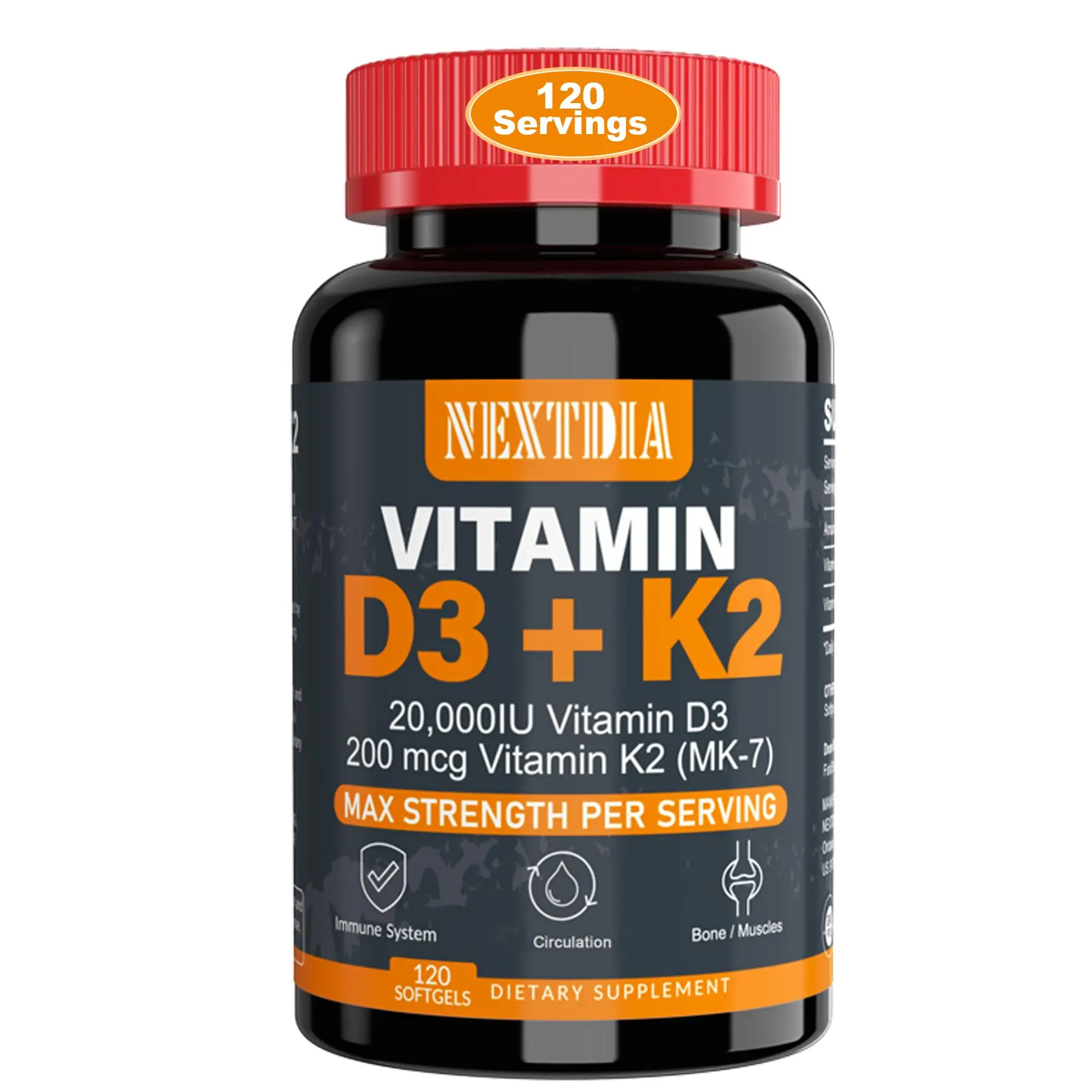 tj23ocb2xh3k83mvz1r9j8wp7ni3 NextDia Vitamin D3 (20,000 IU) + K2 (200 mcg) – 120 softgels - Image 1